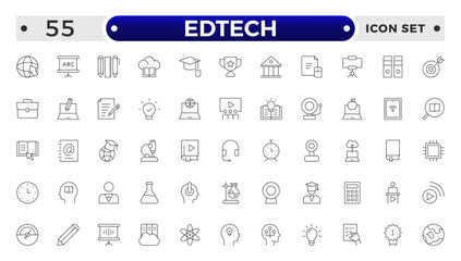 Edtech outline icon set representing online education and virtual learning. Includes icons of students, teachers, laptops, graduation caps, certificates, video tutorials, and e-learning too.
