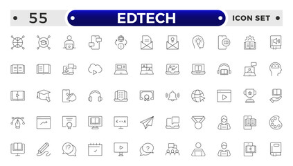 Edtech outline icon set representing online education and virtual learning. Includes icons of students, teachers, laptops, graduation caps, certificates, video tutorials, and e-learning too.