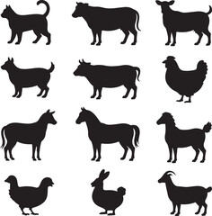 Domestic Animal Silhouette Vector Bundle – 10 Black Icons – Cat, Dog, Cow, Pig, Chicken, Sheep, Horse, Rabbit, Duck & Goat