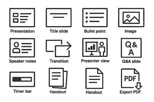 Powerpoint interface features icons: presentation, slide, image, notes, pdf
