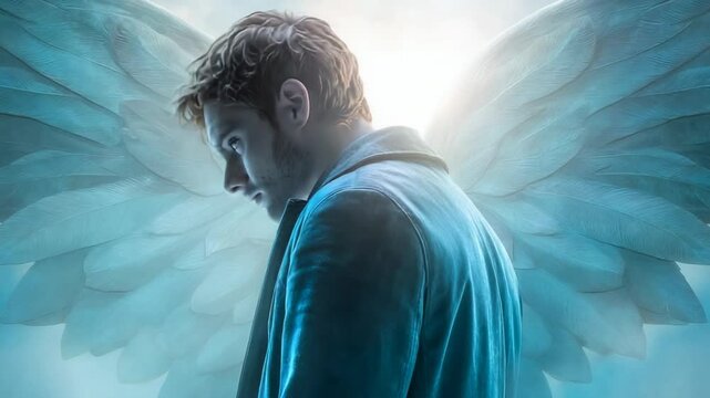 A pensive figure with large, ethereal wings