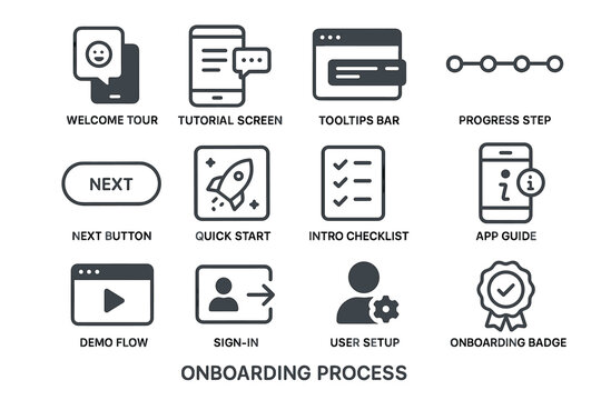 Onboarding process icons featuring app guide and tutorial screen with progress steps