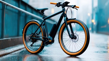 A sleek black electric bike with orange accents parked in a moody urban environment. This image showcases modern transportation and urban lifestyle, perfect for bicycle enthusiasts and travel.