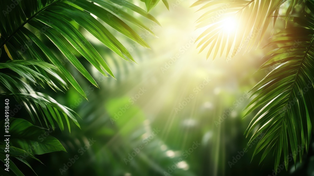 Poster this image captures a vibrant display of lush green leaves, illuminated by soft sunlight filtering t