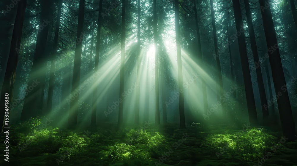 Poster this image depicts an enchanting forest scene, where rays of sunlight pierce through the tall trees,