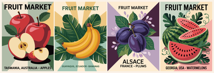 Set of retro Fruit Market posters featuring apples from Tasmania, bananas from Ecuador, plums from Alsace, France, and watermelons from Georgia, USA. Vintage travel and produce-inspired design
