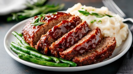 This enticing image features a perfectly cooked meatloaf accompanied by creamy mashed potatoes and fresh green beans, showcasing a comforting and hearty home-cooked meal.
