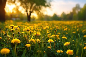 Obraz premium Bright Meadow with Yellow Flowers and Fresh Grass