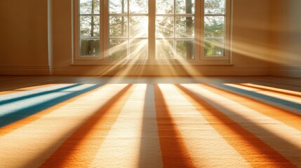 Fototapeta premium The warm sunlight streaming through the window creates beautiful patterns on the floor, showcasing vibrant colors and textures in a cozy indoor space filled with light.