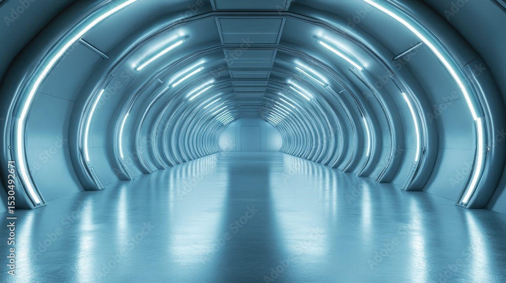 Poster a stunning futuristic tunnel illuminated by glowing blue lights, creating a visually captivating and