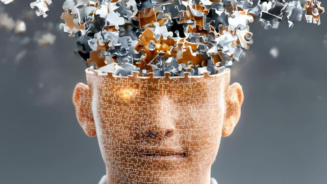 Human head, puzzle mind with exploding pieces an adaptive thought engine driving innovation and creative cognition.