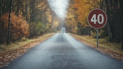 Traffic sign indicating 40 kmh speed limit on a quiet road surrounded by autumn trees