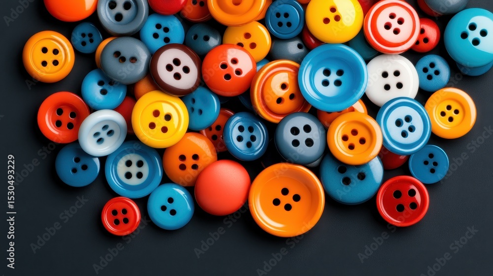 Poster a vibrant collection of various buttons in different colors and sizes is scattered artistically over