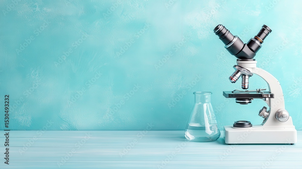Poster an organized laboratory setup showing a microscope and a flask, representing the essence of scientif