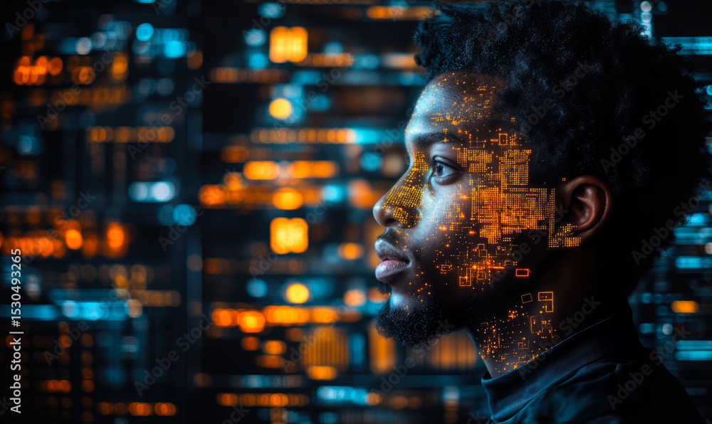 Aufkleber profile of young african american man with digital data holograms and futuristic technology interfac