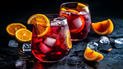 Sangria with red wine, orange and lemon slices on a dark background, top view. Fruit drink or cocktail in a glass, perfect for a summer party or wedding ceremony.