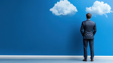 Fototapeta premium Businessman in suit stands against blue wall, contemplating clouds above, symbolizing dreams and aspirations