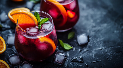 Sangria with red wine, orange and lemon slices on a dark background, top view. Fruit drink or cocktail in a glass, perfect for a summer party or wedding ceremony.