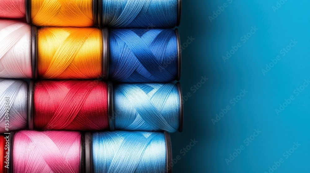 Poster an artistic display of colorful thread spools neatly arranged on a soft blue surface, highlighting t