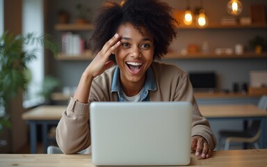 Emotional young freelancer feeling surprised received message with job offer checking email box via laptop computer,amazed hipster girl wondering about latest internet news from social networks