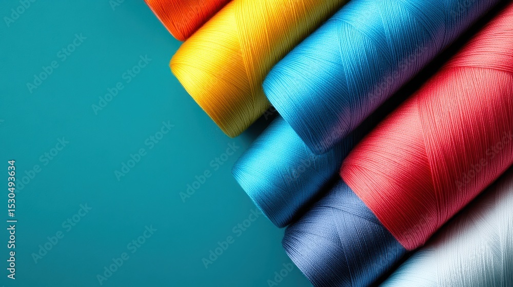 Poster an artistic display of colorful rolls of thread arranged neatly on a turquoise surface, representing