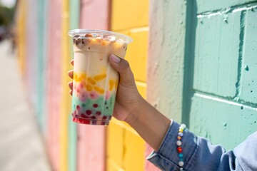 Hand Holding Rainbow Bubble Tea Against Colorful Wall