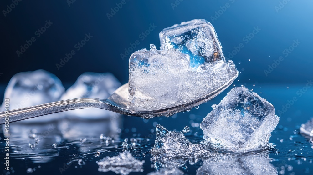 Poster ice cubes resting on a spoon, glistening under soft light, capturing the refreshing essence of chill