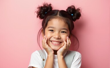 Close-up portrait of her she nice cute lovely attractive winsome adorable cheerful cheery girl with buns touching cheek isolated over pink pastel background. High quality