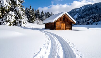 Snow-Covered Chalet Serenity: A solitary chalet, nestled amid a pristine snow-covered landscape under a radiant sky, creates a serene winter scene.