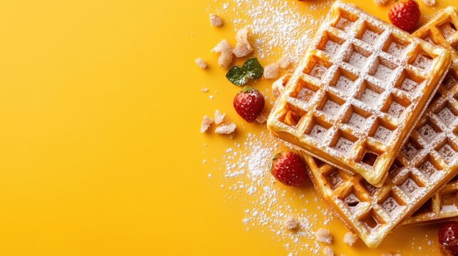 Deliciously stacked golden waffles adorned with powdered sugar and fresh strawberries, creating an inviting and mouth-watering breakfast scene that exudes comfort and delight.