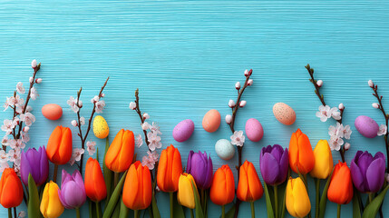 Colorful tulip flowers and cherry blossoms with pastel Easter eggs on blue wooden background create cheerful spring bloom garden scene, perfect for seasonal celebration