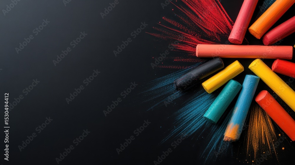 Poster a vibrant array of colorful chalks scattered against a sleek black background, showcasing an artisti
