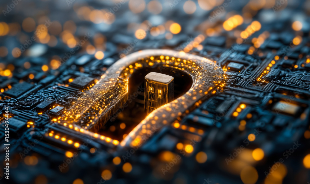 Poster close up of glowing digital lock shaped keyhole on circuit board representing cybersecurity data pro