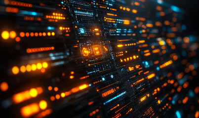 Obraz premium Abstract glowing futuristic digital circuit board with blue and orange lights for technology innovation and data processing concept