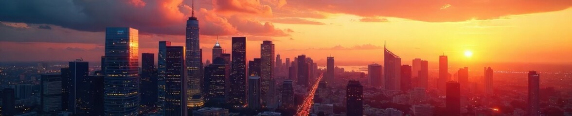 A thriving cityscape skyline at sunset, symbolizing growth, ambition, and the dynamic nature of modern business , business, development