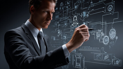 A businessman's hand drawing graphs and diagrams representing Network Security, threat detection. Network Security protects data from cyberattacks, ensuring safe communication across digital networks.