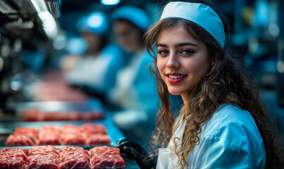 Smiling female worker in white uniform and cap inspecting rows of raw ground meat patties on conveyor belt in modern food processing plant production line facility