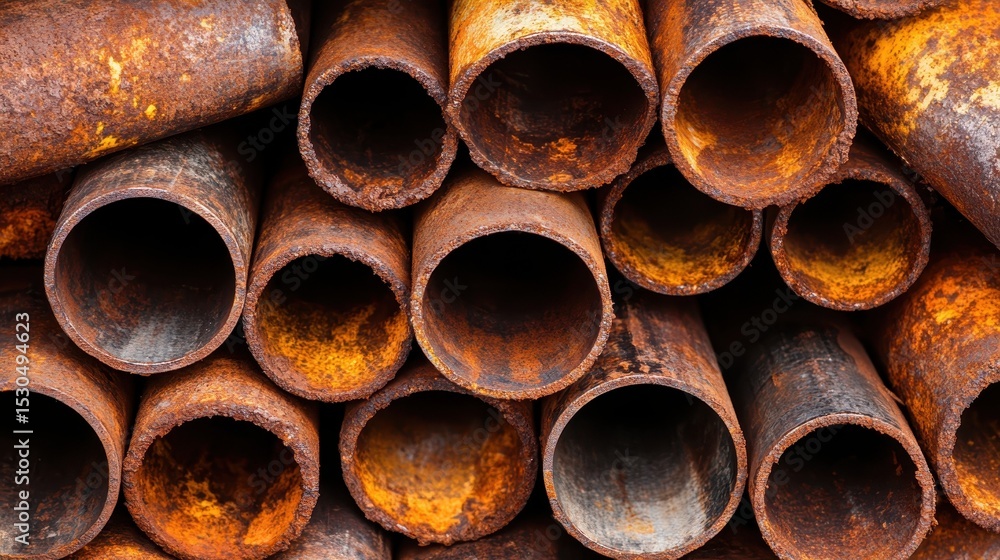 Poster an intricate arrangement of rusty pipes, creating a visually compelling abstract image that embodies