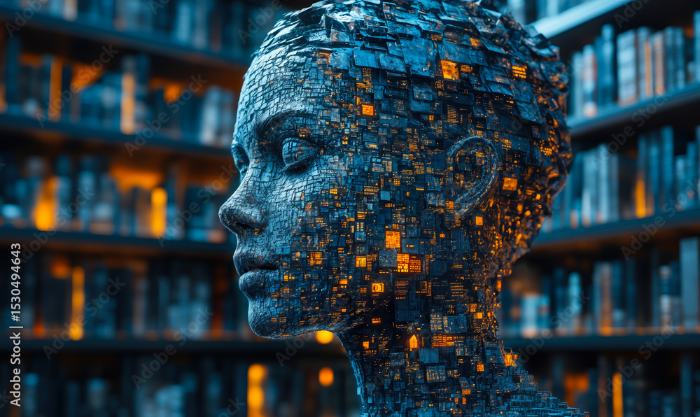 Aufkleber artificial intelligence humanoid head composed of glowing digital microchips and circuit board eleme