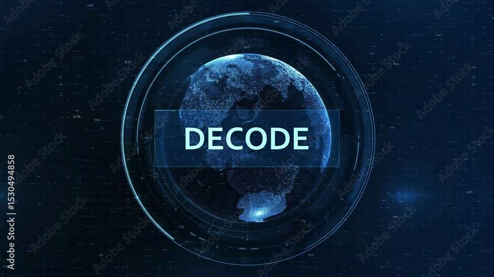 Poster animated decode text over digital world map – cyber tech hud reveal