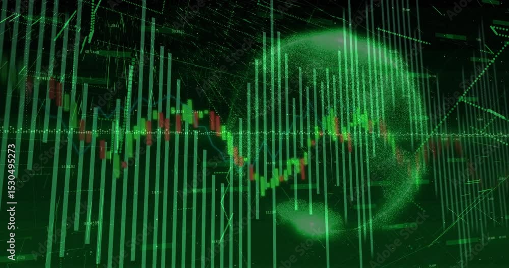Poster on data feed starting financial bars pulsing and digital globe rotating showing live market trends
