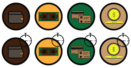 icons of various types of money, icons of coins, dollar bills, electronic money, credit cards and loans