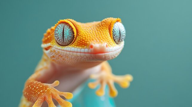 Close-up of a vibrant orange gecko with textured skin and striking blue eyes against a soft teal background.