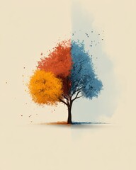 A surreal image of a tree divided into two halves, with one side showing red and orange leaves and the other side blue leaves, set against a simple background.