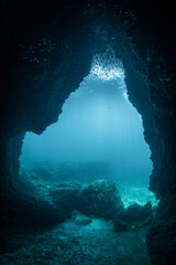 Koh Haa Yai Cave also known as ‘The Cathedral’, a large underwater cavern with a wide swim-through. This place is a part of Koh Haa island, a popular dive site on the South Andaman route in Thailand.
