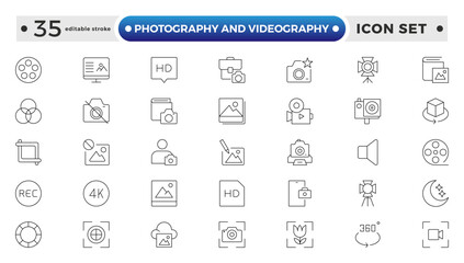 Photography and Videography outline Icon set. Camera, Lens, Studio, Film Equipment, Digital Camera, Tripod, Editing Tools,DSLR, Film Reel, Media Tools, Lights, Action. Editable stroke outline icon.
