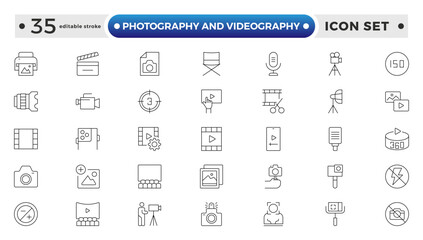 Photography and Videography outline Icon set. Camera, Lens, Studio, Film Equipment, Digital Camera, Tripod, Editing Tools,DSLR, Film Reel, Media Tools, Lights, Action. Editable stroke outline icon.
