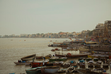 Wide angle image of Banaras ghats and ganga ji full of Boats
