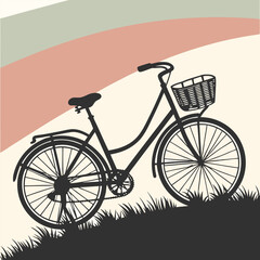 Vintage Bicycle Vector Illustration with Basket on Grass Hill – Retro Style Silhouette