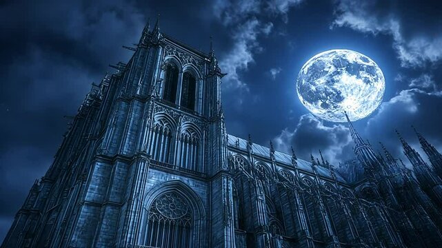 Gothic cathedral at night under a large moon